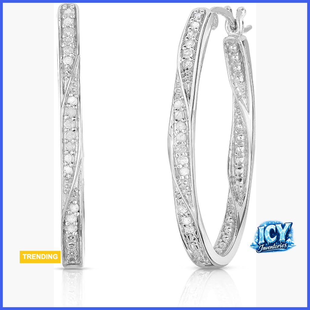 Large Twisted Oval Diamond Hoop Earrings In 925 Sterling Silver